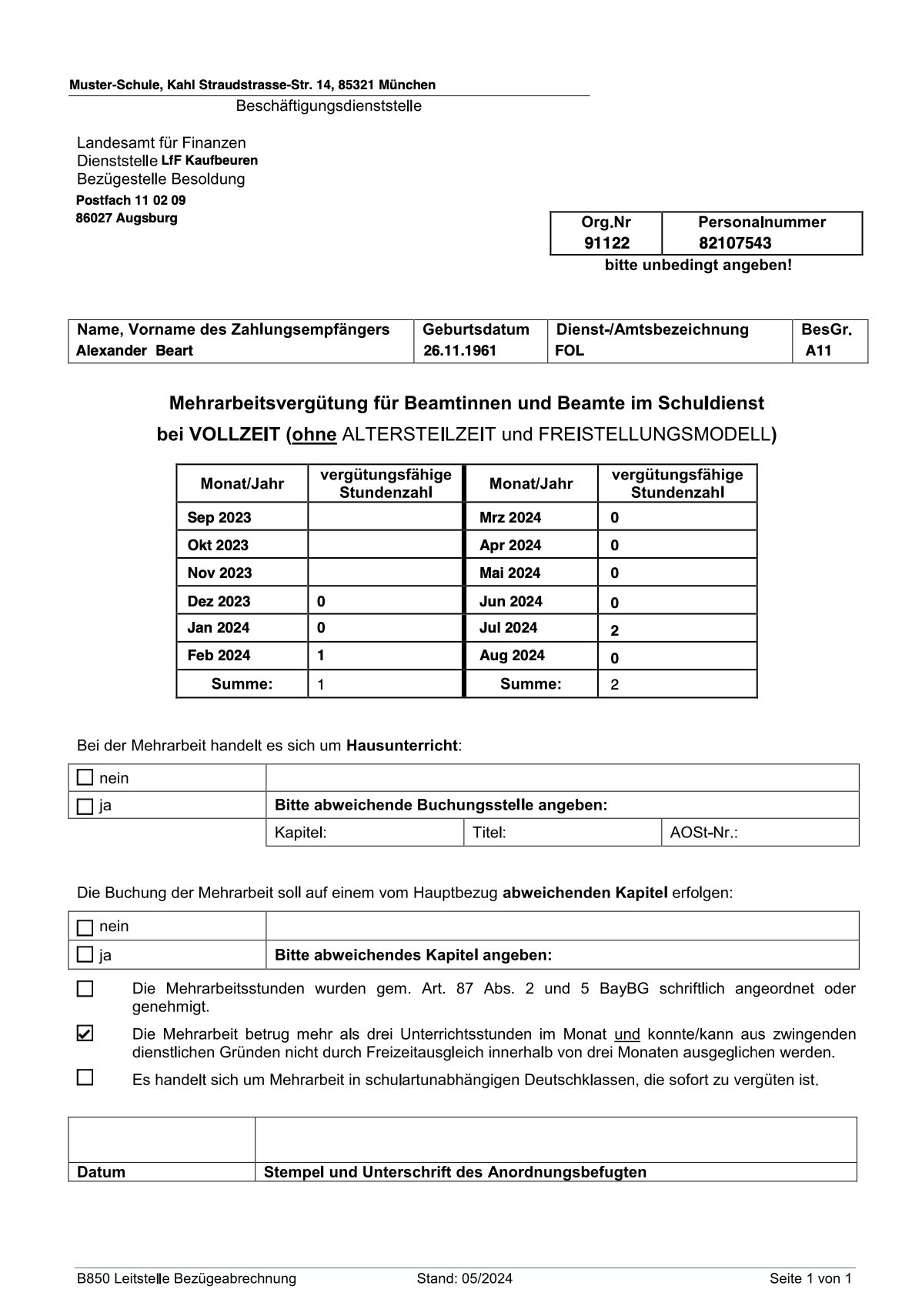 Beispiel eines automatisch berechneten B850-Formulars in Schule-Mehrarbeit