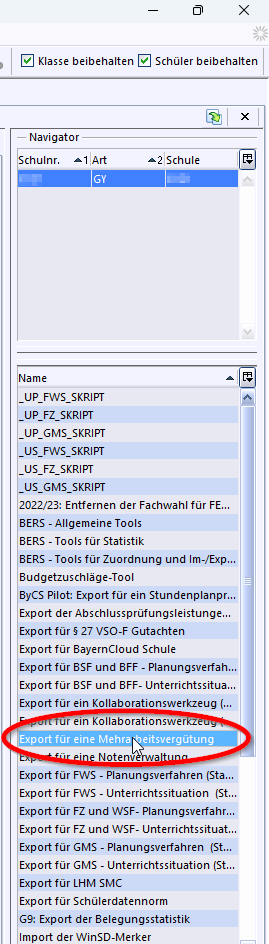 ASV-Seitenleiste mit Auswahl des Exportformats