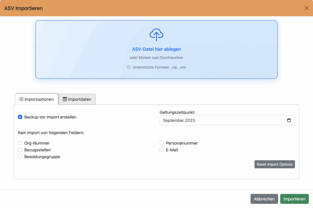 Dialog mit Importoptionen für den ASV-Import