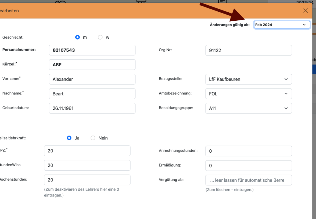 Bearbeitungsfenster mit „Änderungen gültig ab