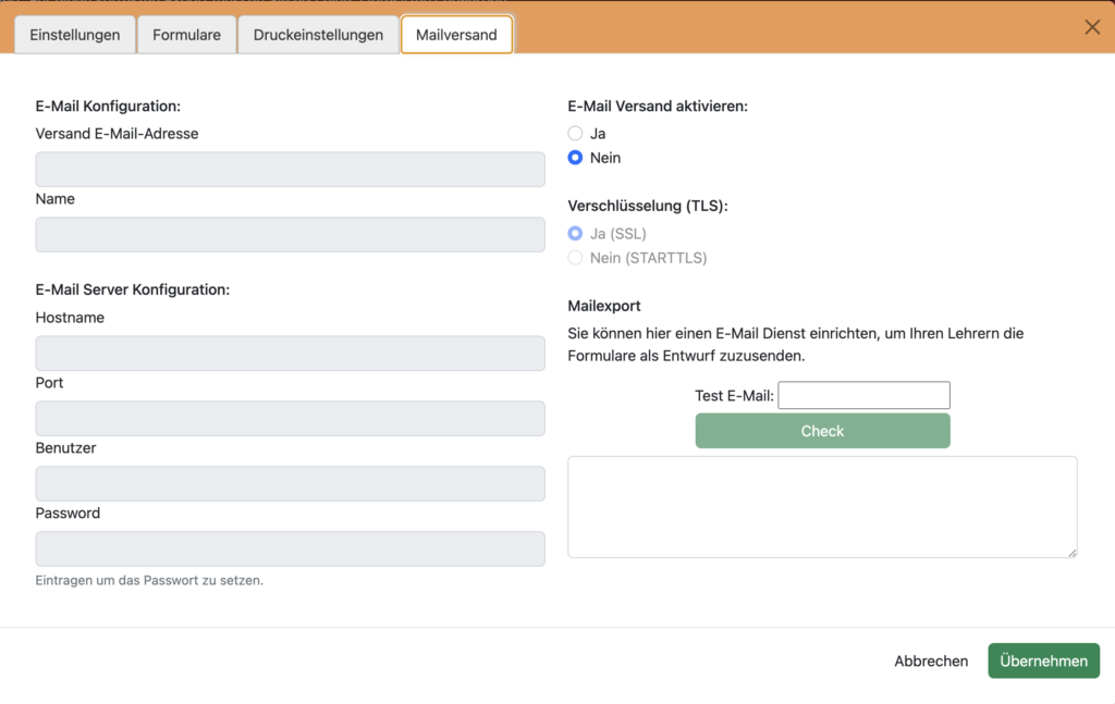 Dialog „Einstellungen → Mailversand