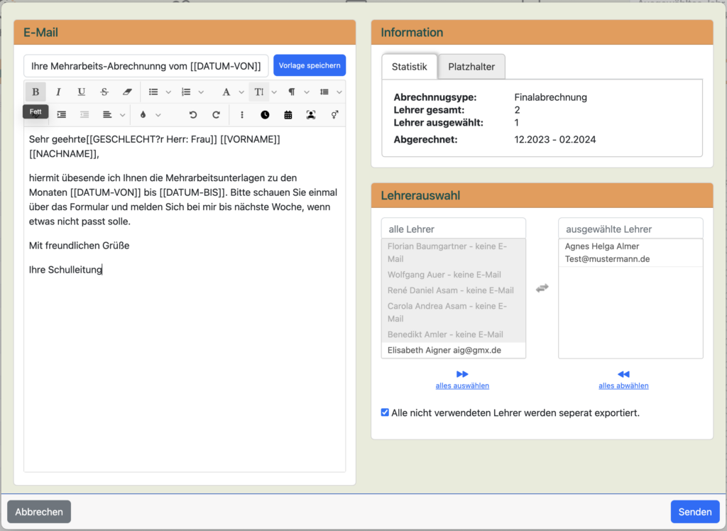 Versandfenster mit Betreff, E-Mail-Text, Platzhalter-Reiter und Auswahl der Lehrkräfte