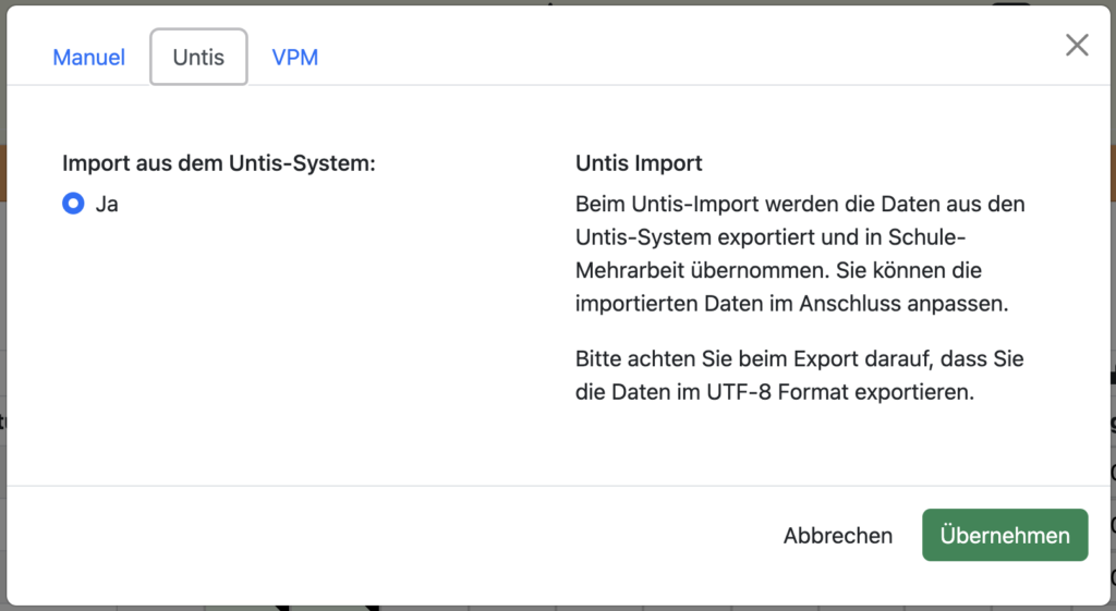 Einstellungen in Schule-Mehrarbeit mit aktiviertem Untis und der Schaltfläche „Import Untis