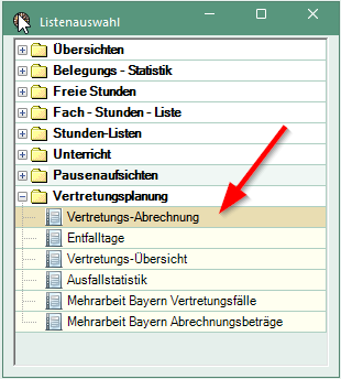 Berichtsauswahl in Untis mit dem Eintrag „Vertretung-Abrechnung