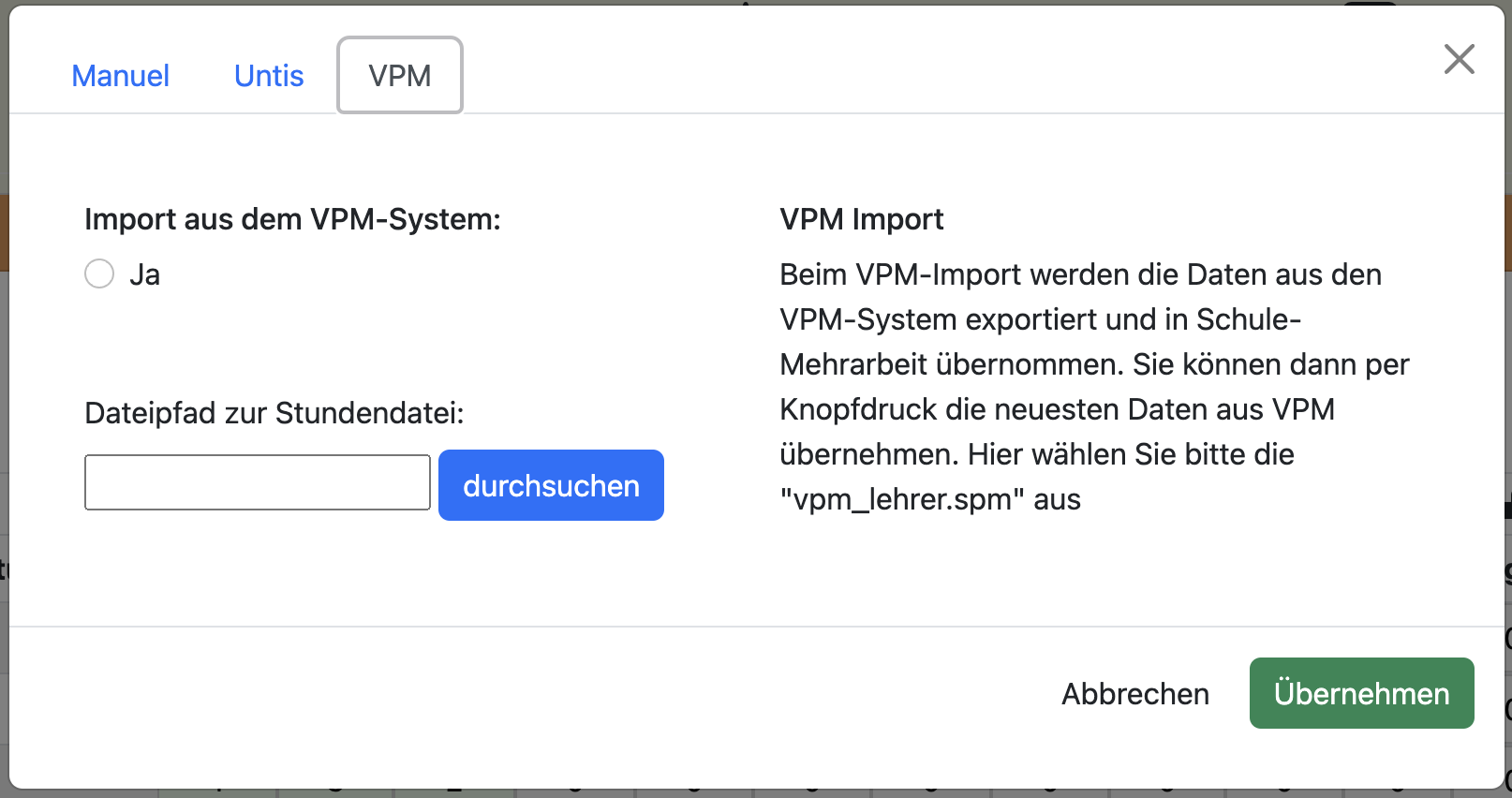 Einstellungen für den VPM-Import: Pfad zur VPM-Installation und Datei vpm_lehrer.spm auswählen