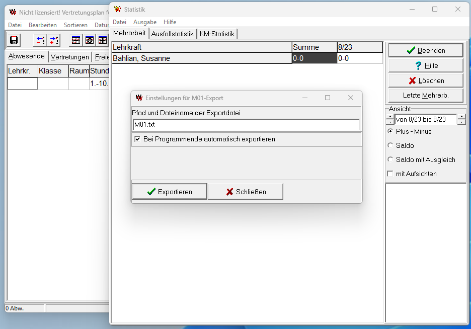 Williver2: Export-Fenster mit Pfad zur Austauschdatei und Checkbox für den automatischen Export