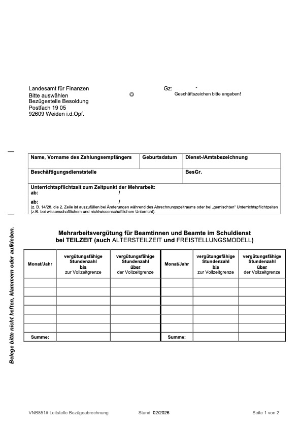Formular B851 (Beamte Teilzeit), Seite 1