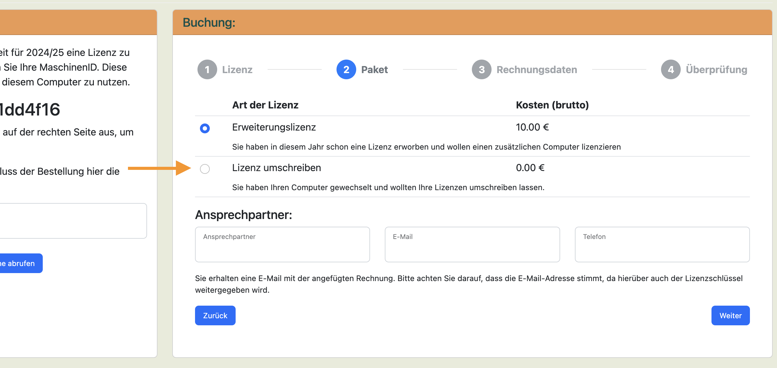 Option „Lizenz umschreiben