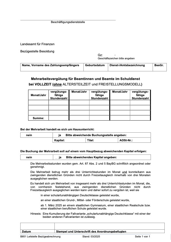 Formular B850 – Mehrarbeitsvergütung Beamte Vollzeit