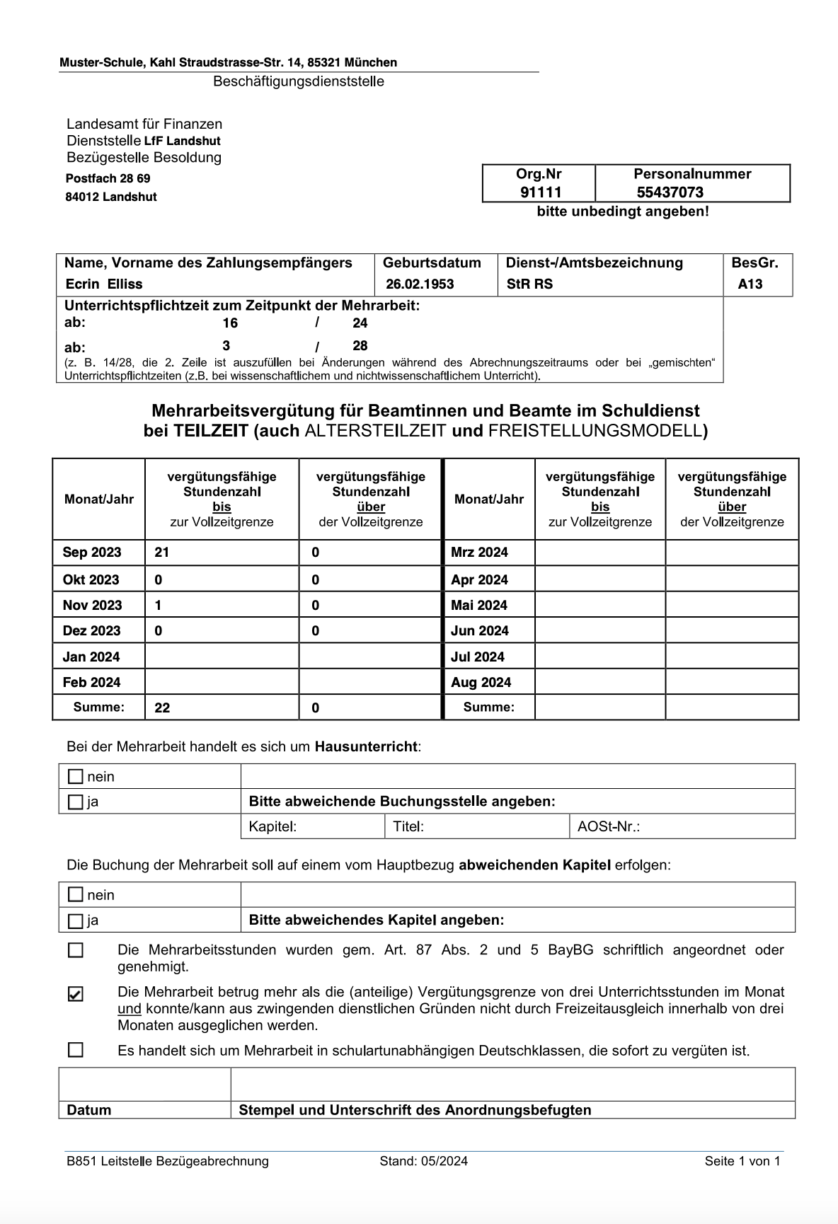 Formular für Beamte in Teilzeit, Stand Mai 2024 (nicht mehr aktiv)