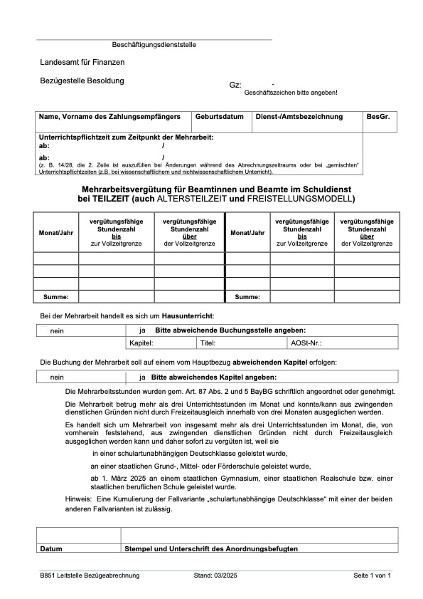 Formular B851 – Mehrarbeitsvergütung Beamte Teilzeit