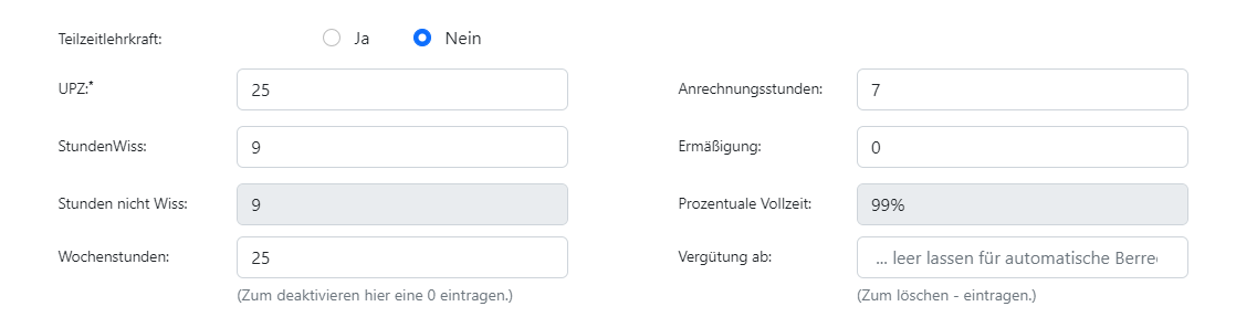 Neue Live-Felder beim Bearbeiten der Lehrerdaten in Version 1.11.1